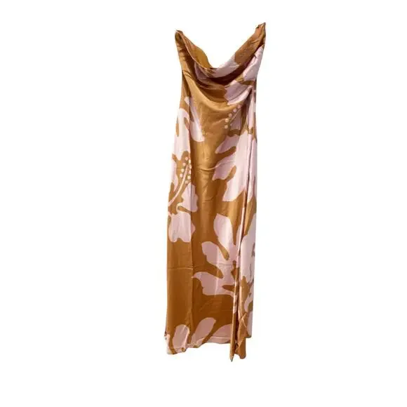 Hutch Women's Strapless Column Satin Maxi Dress Brown Purple Print Size M NWOT